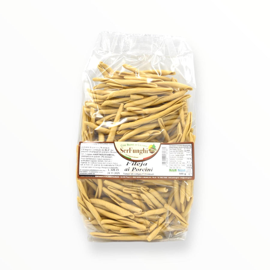 Fileja ai Porcini Pasta Artigianale Calabrese by Serfunghi in a clear plastic package