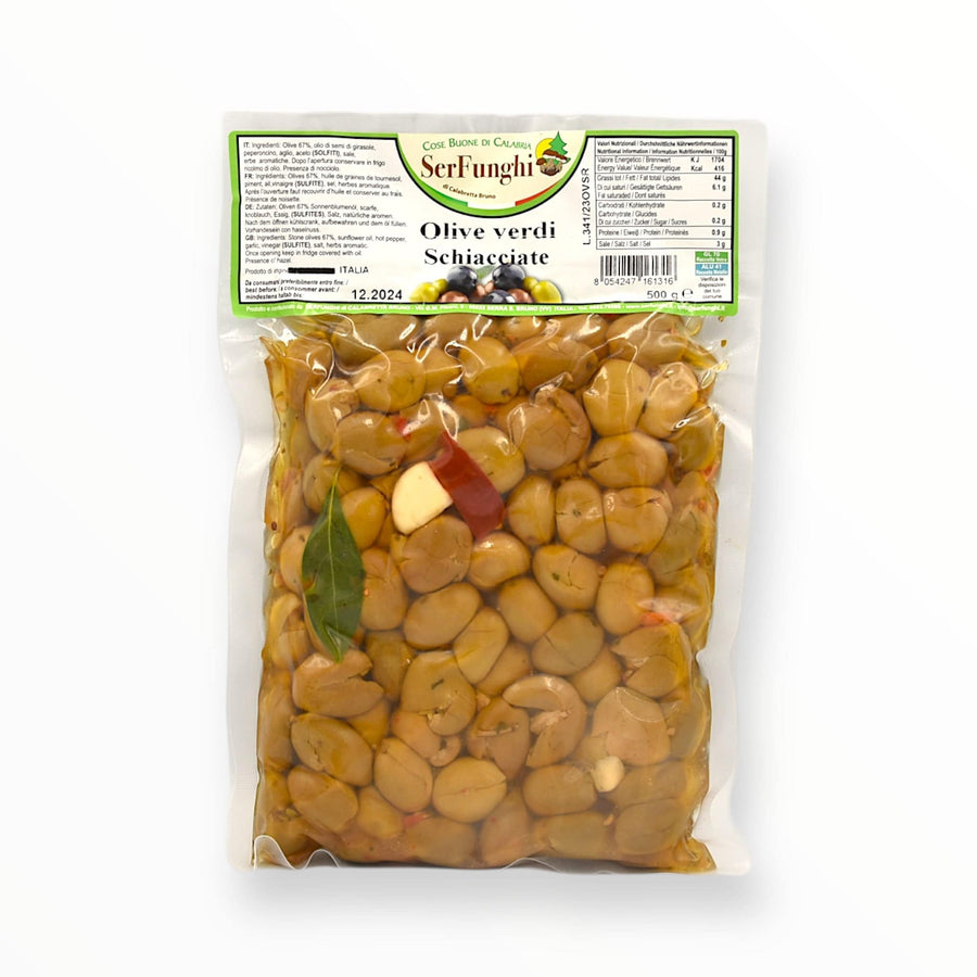 Pack of Serfunghi Olive Verdi Schiacciate alla Calabrese Sott'olio showing traditional Calabrian green olives in oil.